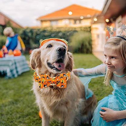 Lionheart glory Fall Dog Collar with Bowtie Halloween Cat Print Dog Collars Bow Tie Heavy Soft Adjustable Collar for Large Dogs Girl/Boy Dog Bow Collar Holiday Pet Gift