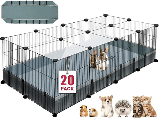 20 Panels Small Animal Playpen, Pet Playpen with Waterproof Mat, C&C Cage for Guinea Pigs, Rabbit/Bunny Cage, Bunny/Puppy Playpen, Indoor Outdoor Portable Metal Wire Yard Fence