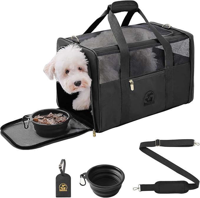 Luxury Pet Carrier for Dogs, Cats, Puppies - Airline TSA Approved, Durable Anti-Scratch Fabric, Soft-Sided, Consistent Airflow, Foldable Design, Cushion Pad, Travel (Black, Medium)