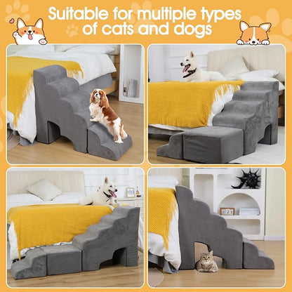 30” Dog Stairs for High Beds, AFATI Pet Stairs, Adjusts to Either Side of Bed, L Shaped Foam Pet Stairs for High Beds, 30 in Height 6 Tier Dog sSteps for Bed, Multifunctional Dog Ramp for Small Dog