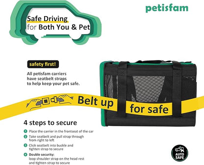 petisfam Easy Load Pet Carrier Bag for Medium or Large Cats with Durable Double-Thickness Fabric and Stable Structure. Black w/Green Trim, L