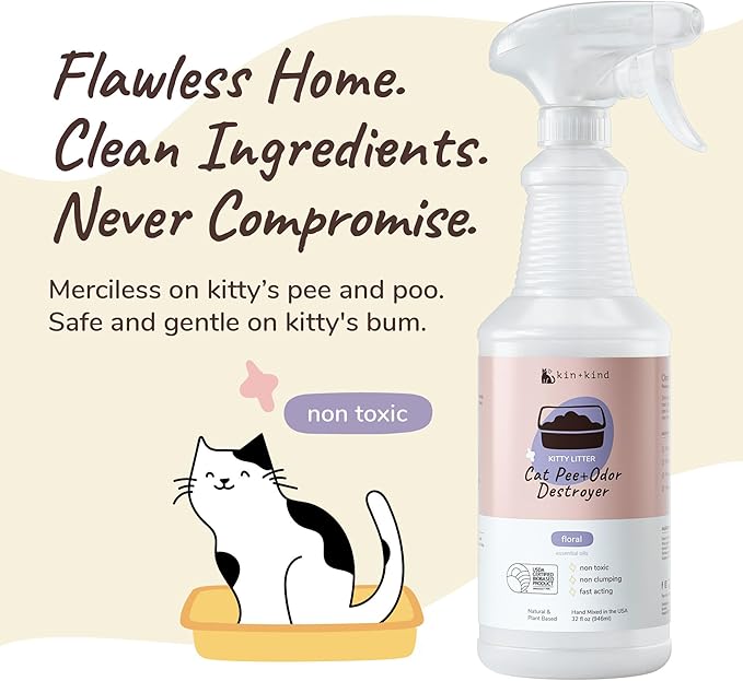 kin+kind Pet Odor Eliminator for Home - Litter Deodorizer, Pet Urine Odor Eliminator Spray and Stain Remover Spray for Harwood Floods, Carpet and Fabric - Pee, Odor and Stain Destroyer 32 fl oz