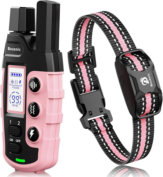 Bousnic Dog Shock Collar - 3300Ft Dog Training Collar with Remote for 5-120lbs Small Medium Large Dogs Rechargeable Waterproof e Collar with Beep (1-8), Vibration(1-16), Safe Shock(1-99) (LightPink)