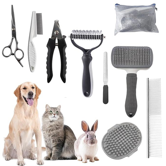 Dog Brush for Shedding,9 PCS in One Pet Slicker Hair Brush Kit with Pet Nail Clipper and File - Dog Cat Grooming Deshedding Undercoat Rake Brush Comb for All Small Large Dogs Cats Grey