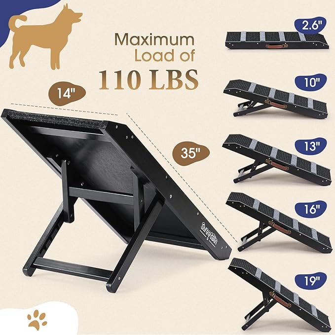 19" Tall Pet Ramp - Small to Medium Dogs and Cats Use - Wooden Folding Portable Dog Ramp Perfect for Couch or Bed with Non Slip Carpet Surface - 4 Levels Height Adjustable Up to 110Lbs