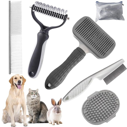 Dog Brush for Shedding,6 PCS in One Pet Slicker Hair Brush Kit Organizer Bag - Dog Cat Grooming Deshedding Undercoat Rake Brush Comb for All Small Large Dogs Cats Grey