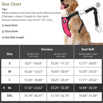 Dog Vehicle Safety Vest Harness, Adjustable Soft Padded Mesh Car Seat Belt Leash Harness with Travel Strap and Carabiner for Most Cars, Extra Large Size, Magenta