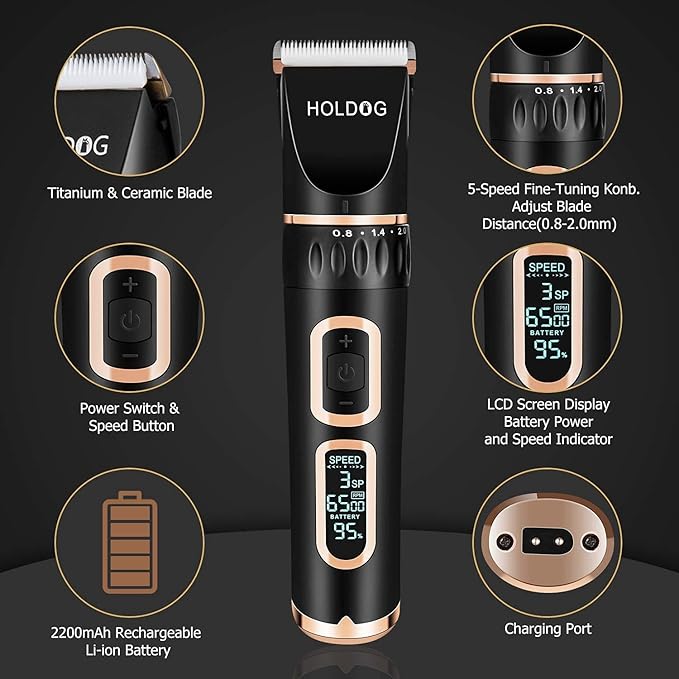 Dog Clippers Professional Heavy Duty Grooming Clipper 3-Speed Low Noise High Power Rechargeable Cordless Pet Tools for Small & Large Dogs Cats Pets with Thick Coats