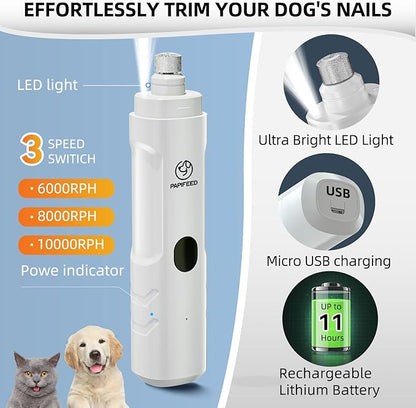 Dog Nail Grinder with 2 LED Light,3-Speed Rechargeable Dog Nail Trimmer, Upgraded Powerful Electric Dog Toe Nail File Quiet Painless, Paws Grooming for Small Medium Large Dogs Cats-White