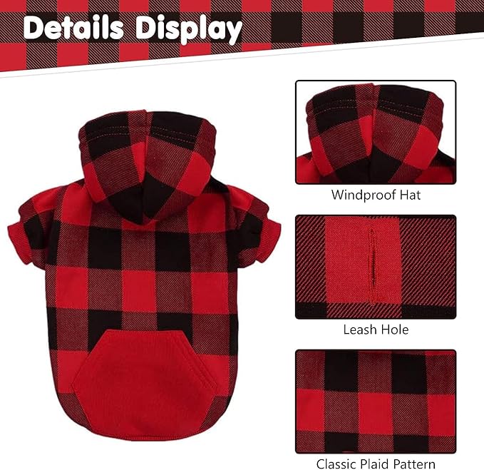 KOOLTAIL Plaid Dog Hoodie Pet Clothes Sweater with Hat and Pocket for Small Medium Large Size Dogs