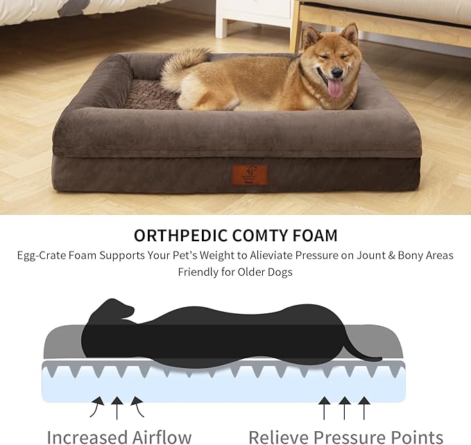 XL Dog Bed, Orthopedic Dog Bed, Washable Dog Bed with [Removable Bolster], Waterproof Dog Bed with Nonskid Bottom, Pet Bed, Brown Dog Beds for Extra Large Dogs