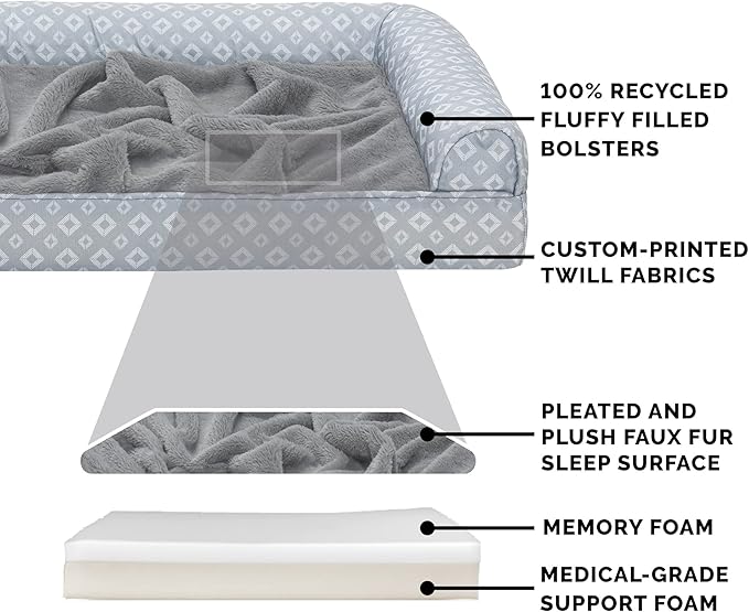 Furhaven Cozy Memory Foam Dog Bed for Medium/Small Dogs w/ Removable Bolsters & Washable Cover 35 lbs