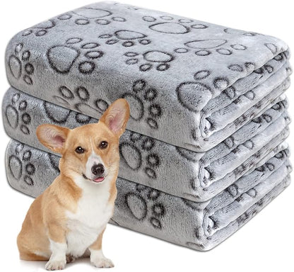 1 Pack 3 Dog Blankets for Small Dogs, Soft Fleece Dog Blanket Fluffy Pet Blanket Warm Sleep Mat Grey Cute Paw Print Puppy Cat Blanket, Flannel Throw for Washable Dog Bed, Blanket for Dogs, 30"x20"