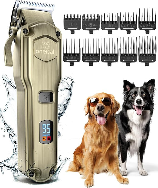 oneisall Dog Clippers for Grooming for Thick Heavy Coats/Low Noise Rechargeable Cordless Pet Shaver with Stainless Steel Blade/Waterproof Dog Shaver for Dogs Pets and Animals (Gold)