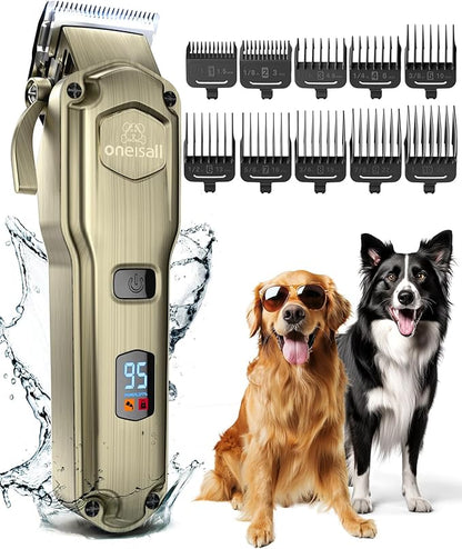 oneisall Dog Clippers for Grooming for Thick Heavy Coats/Low Noise Rechargeable Cordless Pet Shaver with Stainless Steel Blade/Waterproof Dog Shaver for Dogs Pets and Animals (Gold)