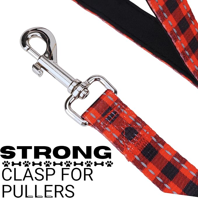 EcoBark Dog Leash - Soft & Reflective Comfort Leash with Padded Handle - Strong Durable Heavy Duty - Training and Pulling for Small, Medium or Large Dogs (Red Buffalo Plaid)