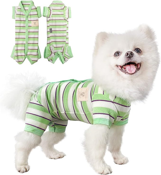 TONY HOBY Dog Pajamas, Dog Jumpsuit 4 Legged Pajamas with Green Stripe, Female Dog Pajamas Pet Clothes for Small Medium Size Dog (Green&White, Girl, L)