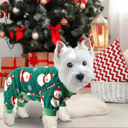 Xpudac 4 Piece Dog Christmas Pajamas Santa Pet Clothes Cute Snowman Dog Pajamas for Small Dogs Red Green X-Small