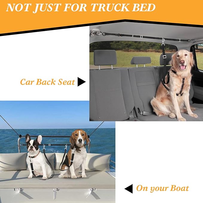 Truck Bed Dog Tether for Two Dogs,Ratchet Tightening Adjustable Double Safety Truck Bed Dog Leash System for Pickup, SUV, Cars & Trucks