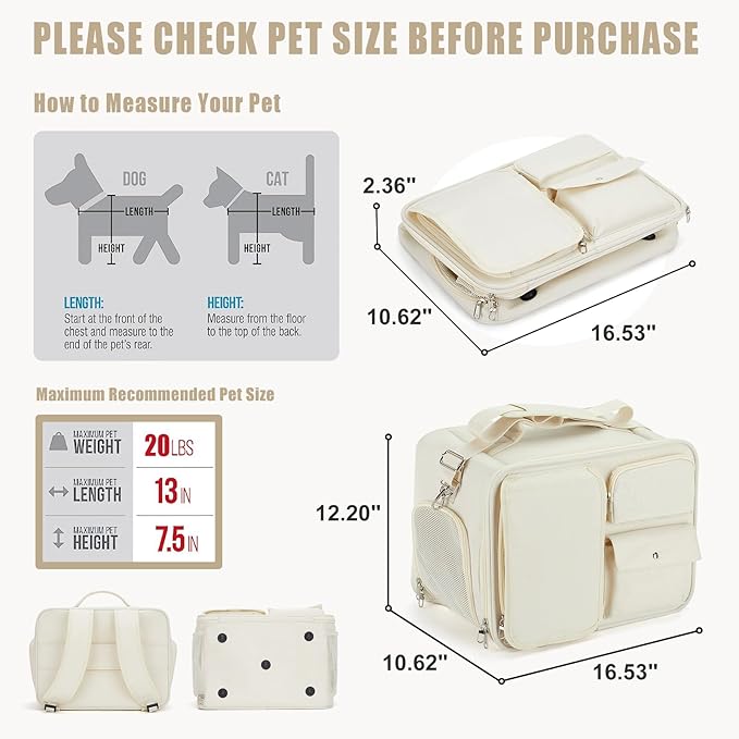 Soft Pet Cat Carrier for Cats 20 LBs,Small Dong Carrier,Airline Approved Pet Carrier,Cat Backpack Carrier with Safety Lock Zipper,Collapsible,with 3 Ventilated Windows(Beige)