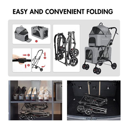 Double Pet Stroller with 2 Detachable Carrier Bags