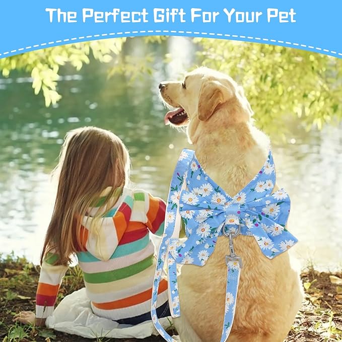 Dog Harness Vest Set for Small Girl Dogs with D-Ring Soft Comfortable Mesh Dog Harness Vest Pet Daisy Floral Bow Tie for Small Medium Large Dogs (Blue, S)