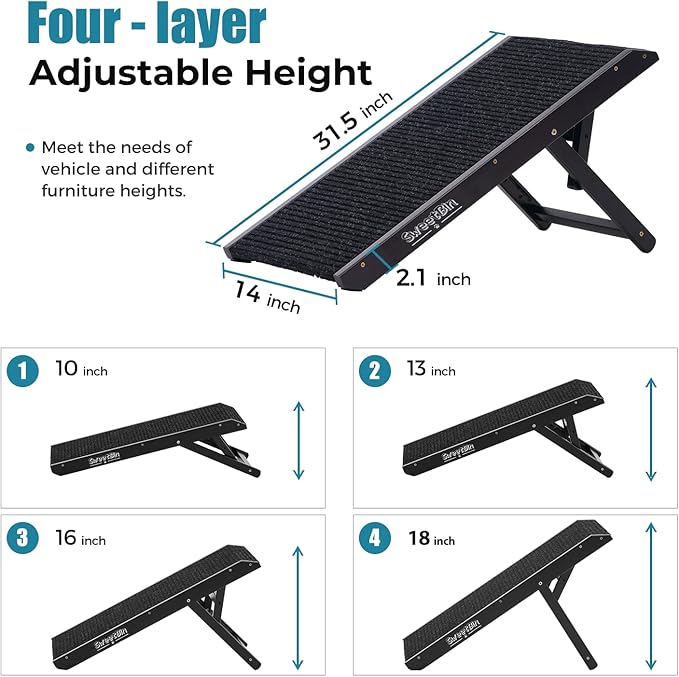 18" Tall Adjustable Pet Ramp - Small Dog Use Only - Wooden Folding Portable Dog & Cat Ramp Perfect for Couch or Bed with Non Slip Carpet Surface - 4 Levels Height Adjustable Up to 90Lbs