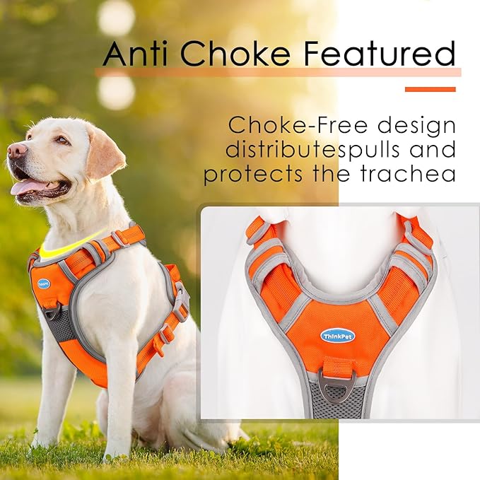 ThinkPet No Pull Harness Breathable Sport Harness with Handle-Dog Harnesses Reflective Adjustable for Medium Large Dogs,Back/Front Clip for Easy Control S Neon Orange