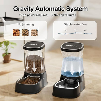 Automatic Pets Gravity Feeder and Water Dispenser Set with Stainless Steel Bowl, 1Gallon x 2 Stable Dog Food Feeder and Waterer for Small&Medium Dogs, Cats, Puppies(Black)