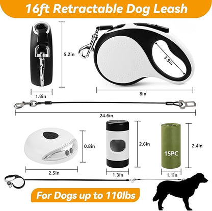 Retractable Dog Leash 16ft 360° Tangle-Free, 6-in-1 with 2 Poop 110lbs. (White, 16ft)