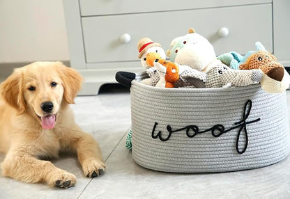 Woof Dog Toy Basket Woven Pet Baskets Storage Bin Box with Durable Handles