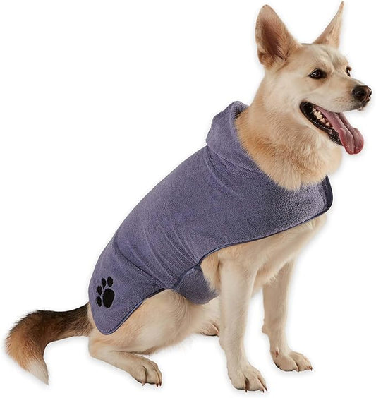 Bone Dry Pet Robe Collection Embroidered Absorbent Microfiber Bath Robe with Adjustable Closure, for Dogs & Cats, Large, Stonewash Blue