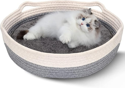 Yummy Sam Cotton Rope Woven Cat Bed Basket, Small Dogs Sofa Bed with Double Sided Mat for All Seasons, 14"x14"x4" Washable Round Sleeping House Bed for Indoor Cat Puppies Rabbits and Small Pets (Grey)