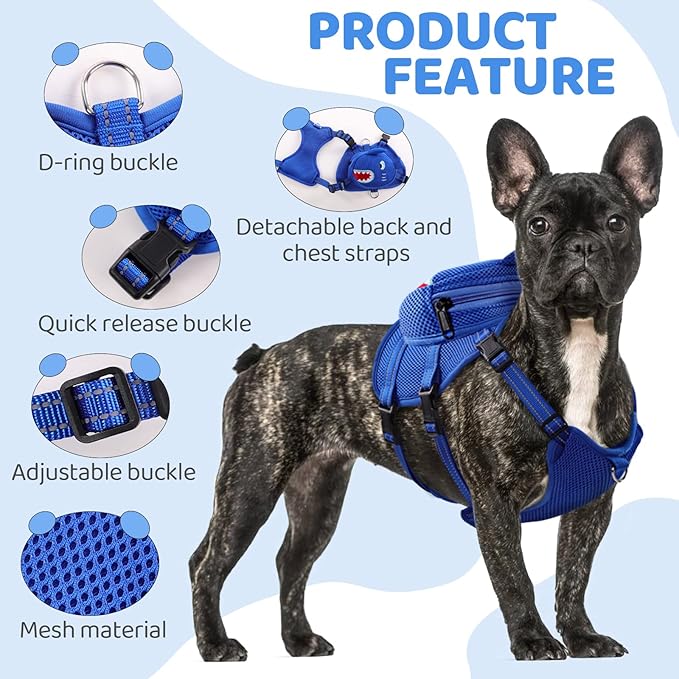 Dog Harness Backpack Cute Doggie Backpack Carrier for Small Medium Dogs, No Pull Dog Saddle Bag Pet Vest, Mesh Shark Self Bag with D-Ring for Puppy Outdoor Travel Hiking Adjustable Dog Bag