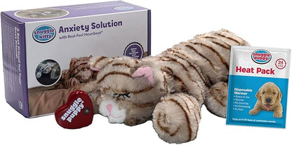 SmartPetLove Original Snuggle Kitty Heartbeat Stuffed Toy for Cats by Snuggle Puppy. Pet Anxiety Relief and Calming Aid in Tan Tiger, for All Breed Sizes.