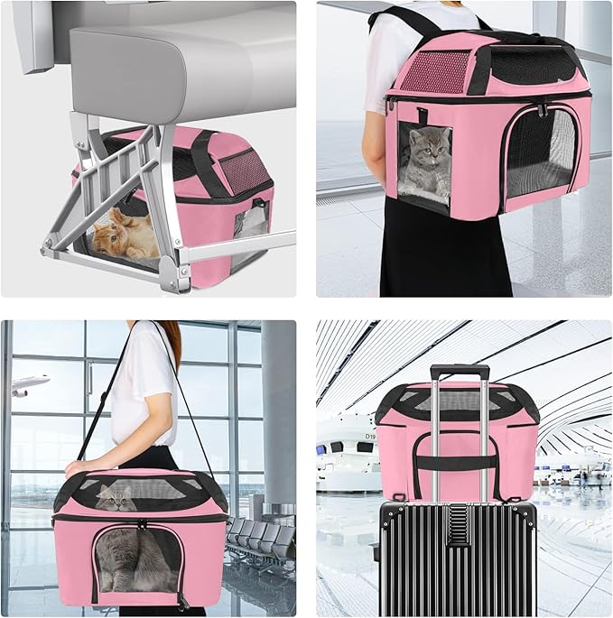 Large Cat Carrier for 2 Cats, Oeko-TEX Certified Soft Side Pet Carrier for Cat, Small Dog, Collapsible Travel Small Dog Carrier, TSA Airline Approved Cat Carrier for Large Cats 20 lbs-Pink