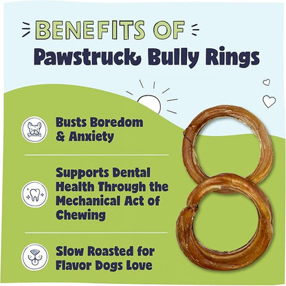 Pawstruck All-Natural 4" Bully Stick Rings for Dogs - Rawhide Free 100% Beef Single Ingredient Dental Chew Treat Bones - Fully Digestible Low Odor - 10 count - Packaging May Vary