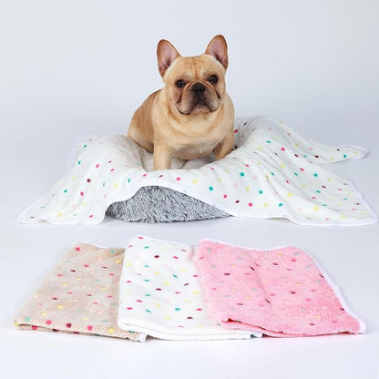 1 Pack 3 Blankets Super Soft Cute Dot Pattern Pet Blanket Flannel Throw for Dog Puppy Cat Beige/Brown/Pink Small