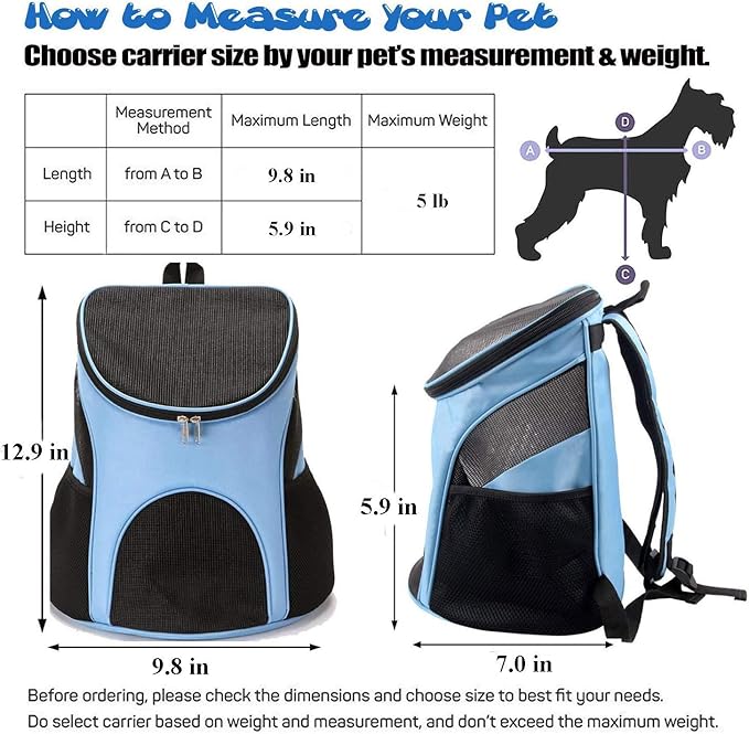 Dog Carrier Backpack Breathable for Small Pets/Cats/Puppies, Pet Carrier Bag with Mesh Ventilation, Safety Features and Cushion Back Support, for Traveling, Hiking, Camping, Walking & Outdoor (Blue)