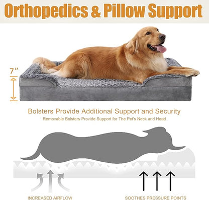 KSIIA Orthopedic Dog Beds Large Sized Dog Couch Waterproof Dog Bed Washable Dog Bed Egg Foam Pet Bed with Removable Bolster & Nonskid Bottom Large Dog Bed Sofa 36 x 27 x 6 Inch