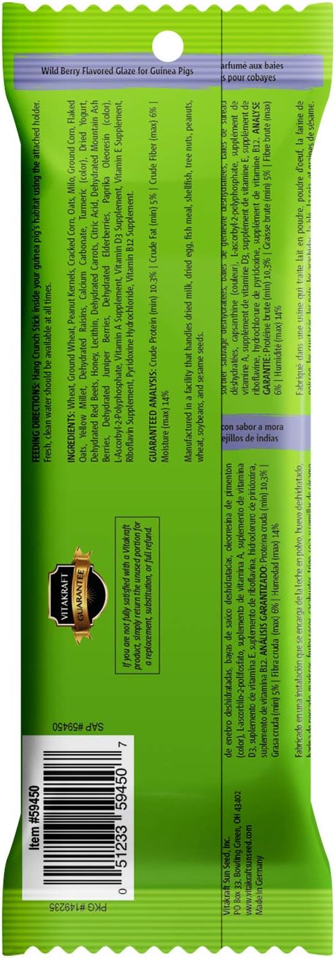 Vitakraft Crunch Sticks Guinea Pig Chewable Treats - Wild Berry and Honey - Supports Healthy Teeth - Multi Pack of 6 Sticks