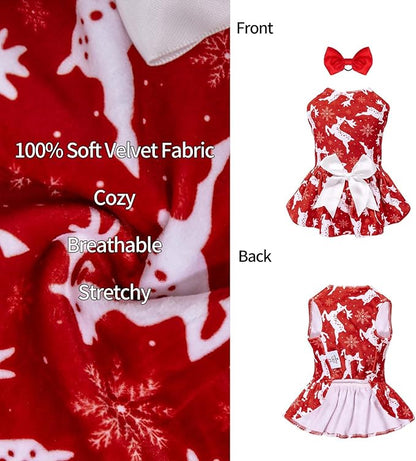 CuteBone Dog Dresses Velvet Holiday Small Dogs Clothes Onesie Pet Apparel Girl Puppy Skirt with Bow Hair Rope CVA29XXS