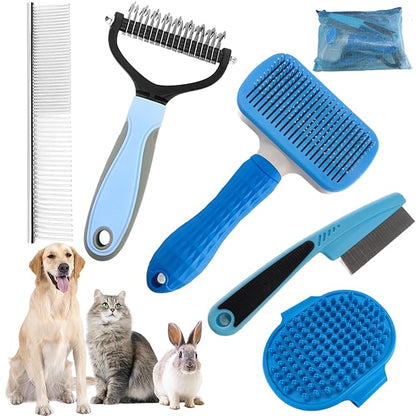 Dog Brush for Shedding,6 PCS in One Pet Slicker Hair Brush Kit Organizer Bag - Dog Cat Grooming Deshedding Undercoat Rake Brush Comb for All Small Large Dogs Cats Blue