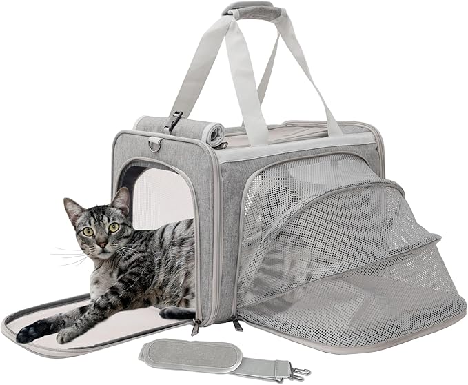 Grey Cat Carrier Small Dog Bag Expandable Puppy Handbag Bunny Rabbit Purse Small Animal Tote Traveling Outdoor Picnic Carry TSA Airline Approved