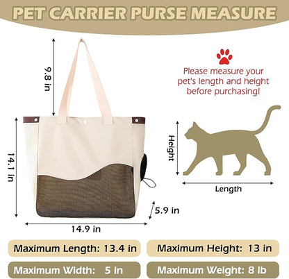 Fhiny Cat Purse Carrier, Small Dog Carrier Tote Breathable Mesh Pet Carrier Bag Soft Sided Adjustable & Foldable Kitten Travel Bag for Cats Kittens Rabbits Small Dogs Shopping Travel (Beige)