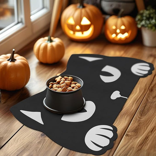 Halloween Pet Mats for Food and Water Dog Cat Food Mats Pet Feeding Mat Anti-Slip No Stains Quick Dry Floors Waterproof Placemat Food Water Bowl Gothic Pet Accessories - 23.6"x15.7" Cat