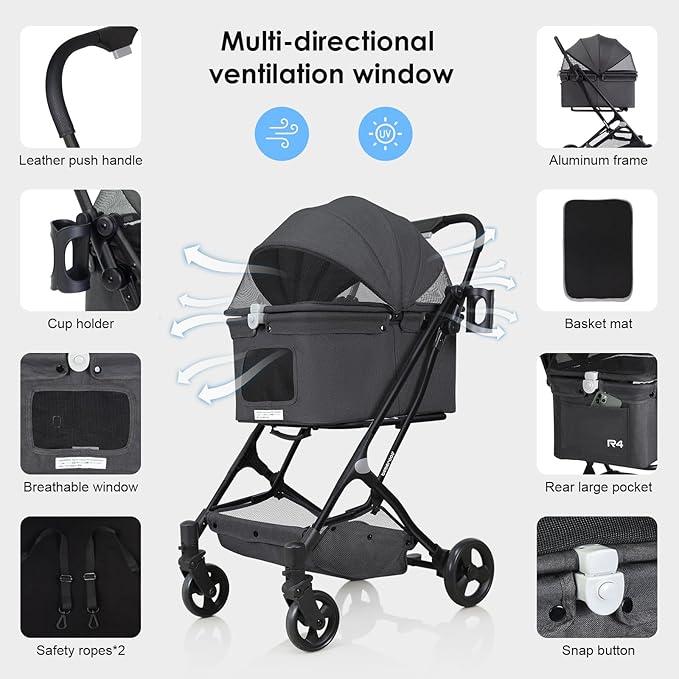 R4 Pet Stroller for Small Dogs & Cats 180° Canopy
