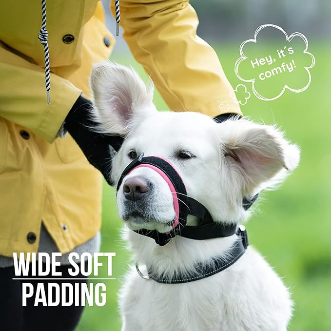 Gentle Muzzle Guard for Dogs - Prevents Biting and Unwanted Chewing Safely – New Secure Comfort Fit - Soft Neoprene Padding – No More Chafing – Training Guide Helps Build Bonds with Pet (M, Pink)
