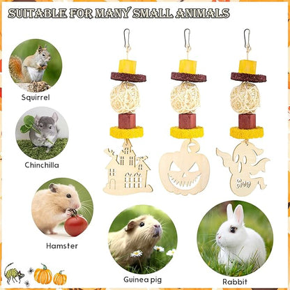 Abizoo Halloween Guinea Pig Chew Toys,3 Pcs Rabbit Toys Hamster Bunny Treats Wood for Chinchilla Rat Chew Toys Hanging Halloween Themed Decor Cage Accessories for Small Animals Teeth Enrichment Gifts