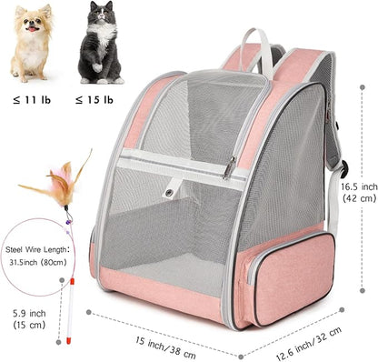 Cat Backpack Carrier, Large Pet Backpack with Cat Wand Feather Toy for Medium Small Dog Cat Puppy Kitten Bunny up to 15lbs, Ventilated Mesh Dog Travel Backpack for Hiking Walking Outdoor Use (Pink)